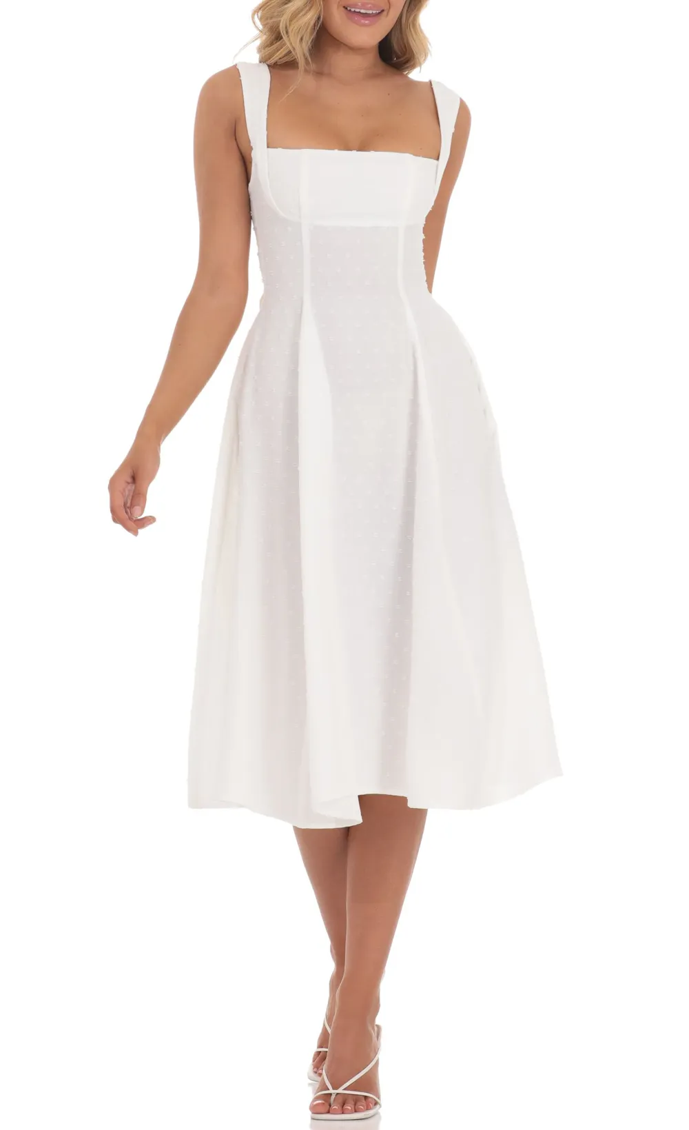 Dotted Square Neck Flare Midi Dress In White