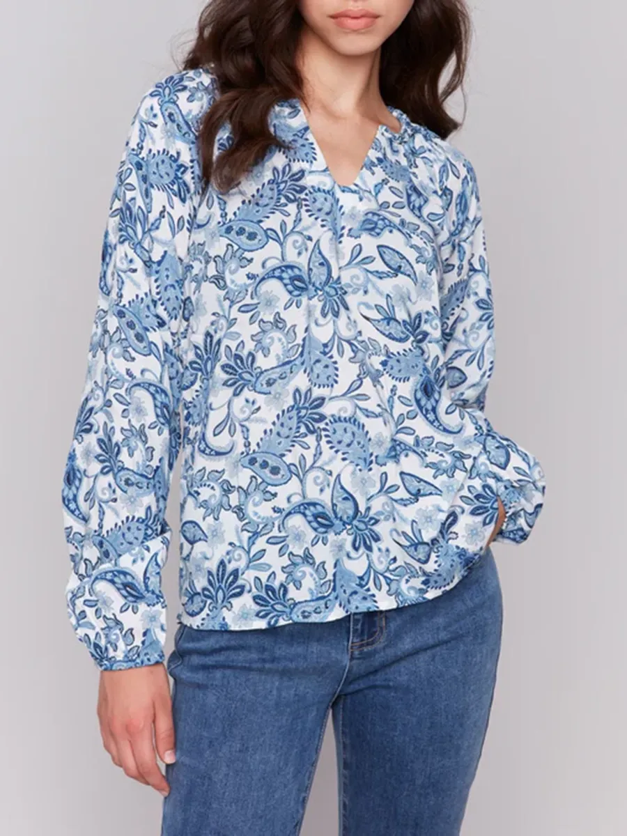 Artistic Floral All-Match V-Neck Long-Sleeved Top