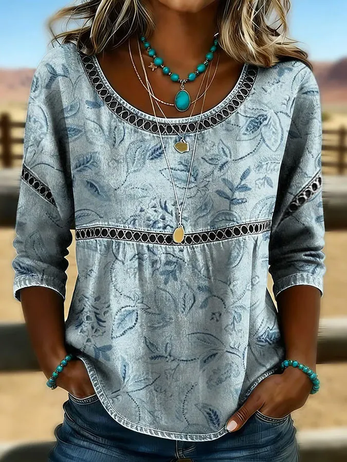 Women's Vintage Western Art Print Casual Top