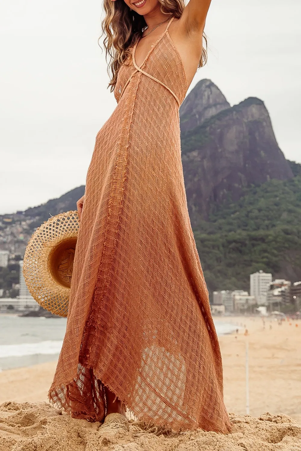 Light Brown Crochet Detail Maxi Dress