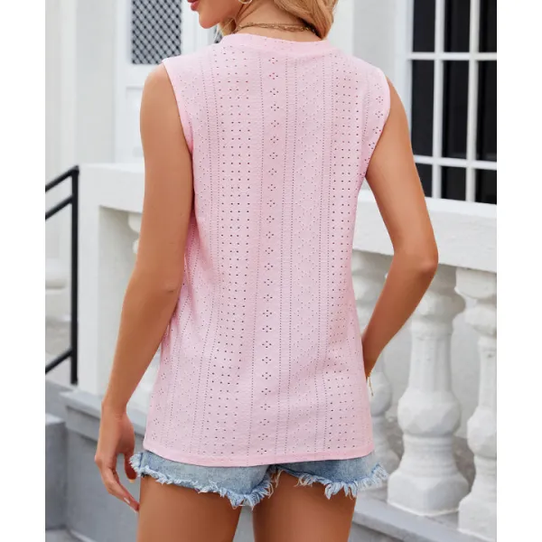 Decorative Button Eyelet V Neck Tank