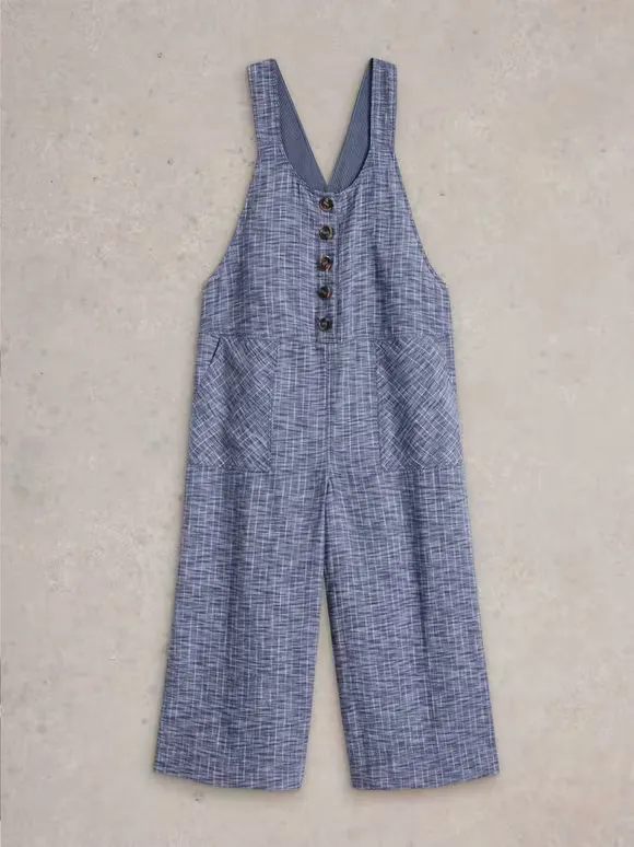 Linen Dungaree In Chambray Blue