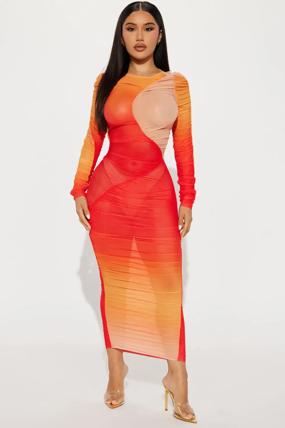 Sunset Views Mesh Midi Dress - Red/combo