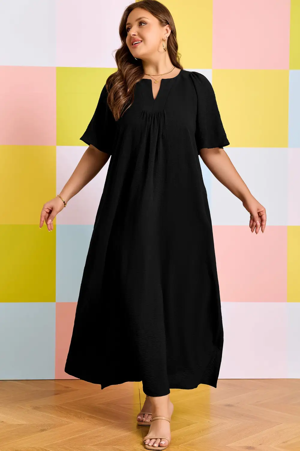 Split Neck Short Sleeve Dress Casual