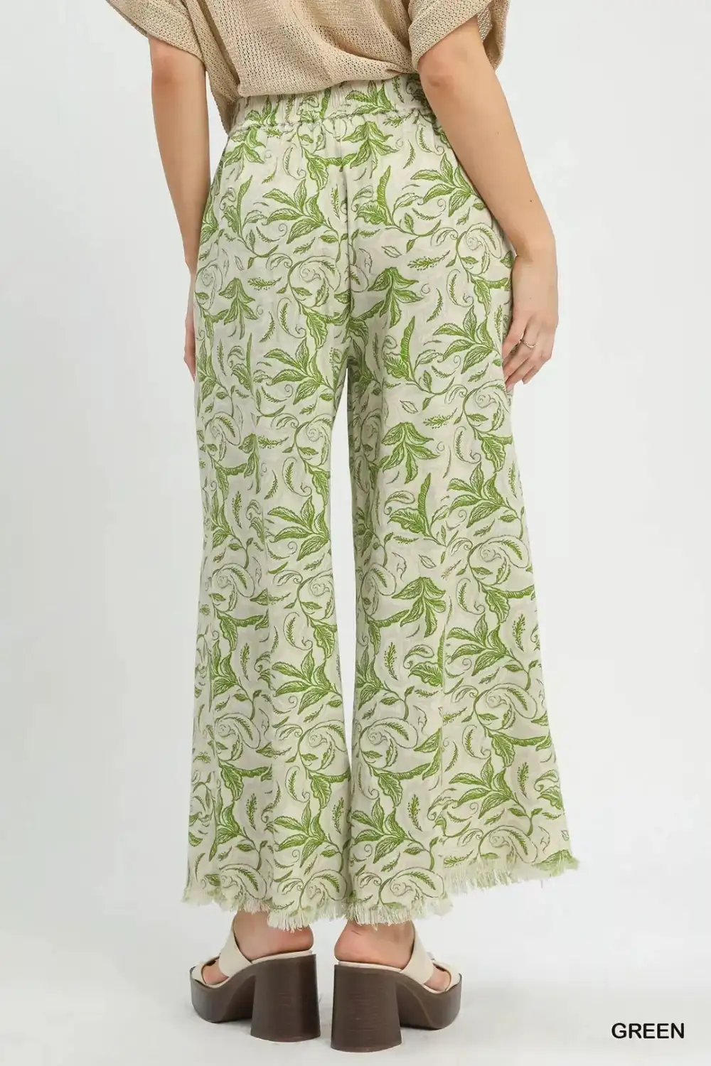 Everyday Linen Printed Wide Leg Raw Hem Pants