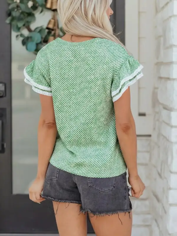 Twilled Print Lace Trim Ruffled Short Sleeve