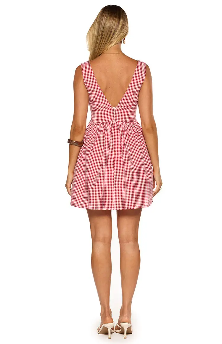 A Line V Neck Gingham Mini Dress