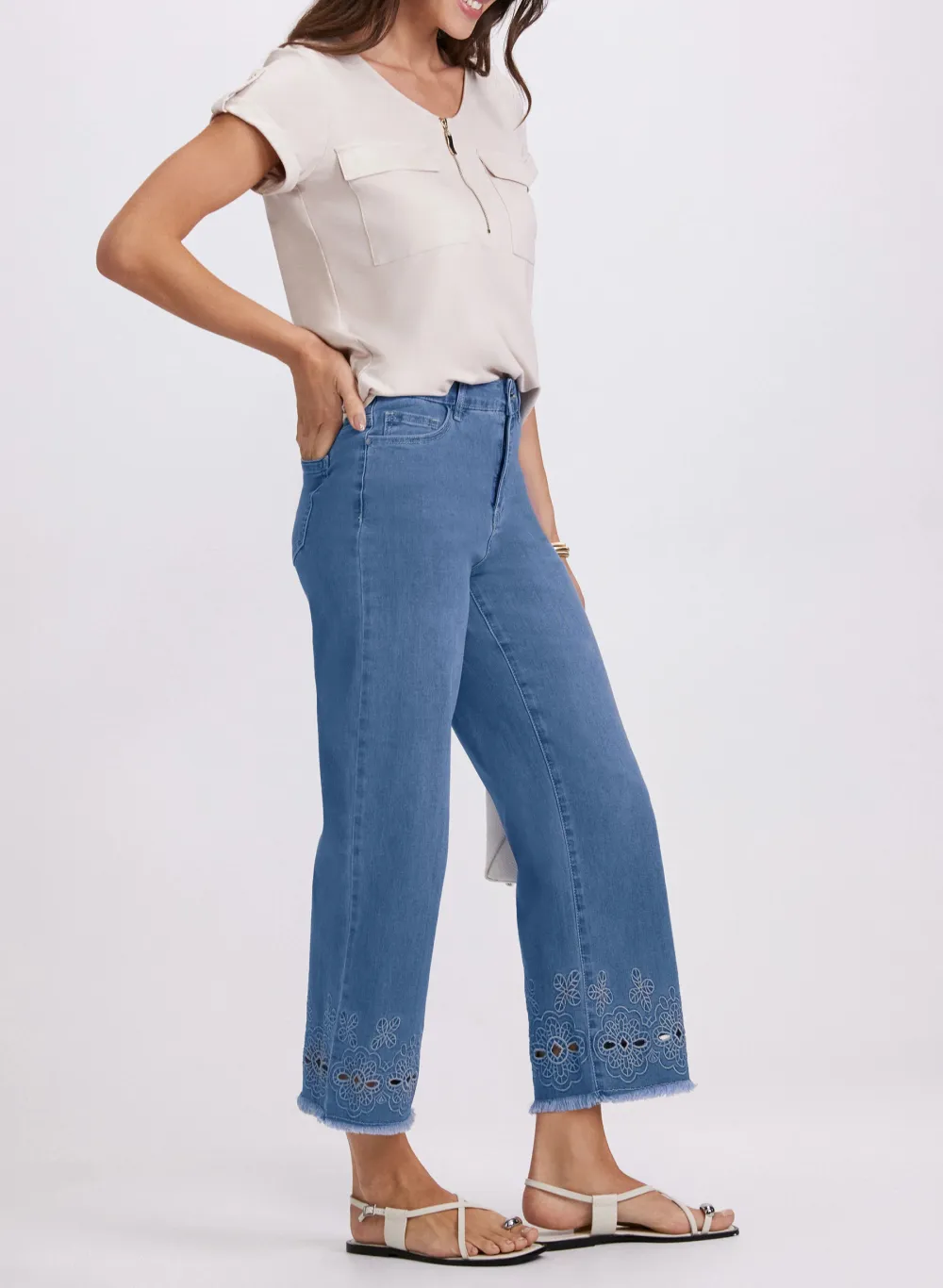 Embroidered Floral Denim Wide-Leg Pants