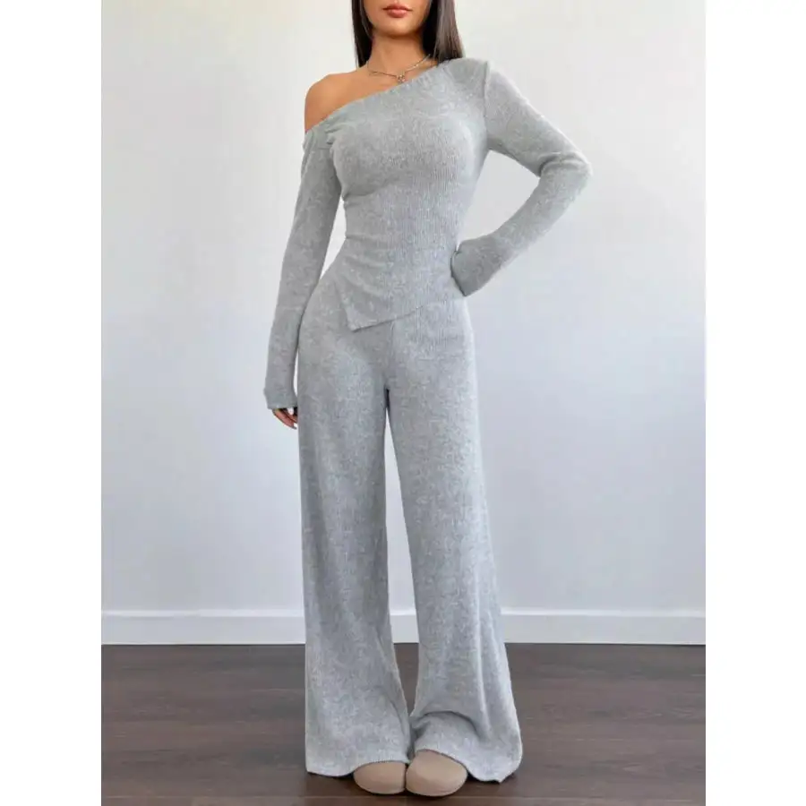 One Shoulder Long Sleeve Top and Pants Set
