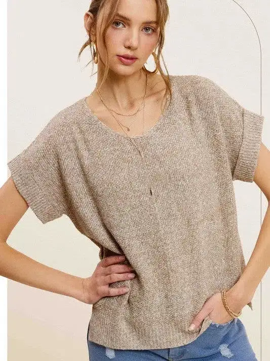 Classy and Fabulous Soft V-Neck Short Sleeve Sweater Top