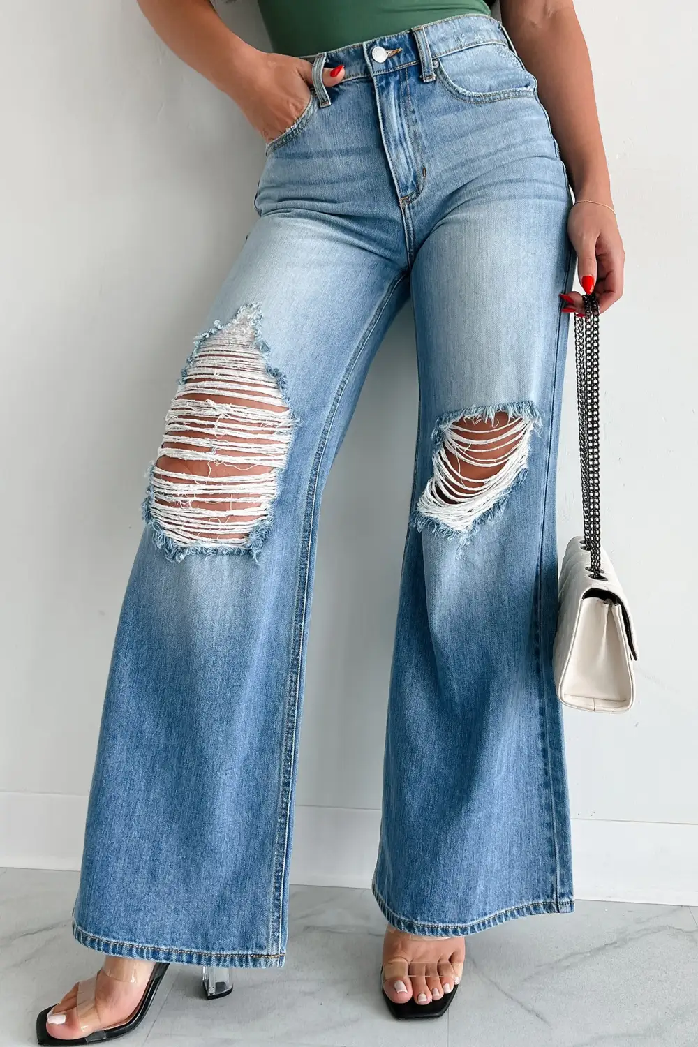 High Rise Distressed Wide Leg Sneak Peek Jeans