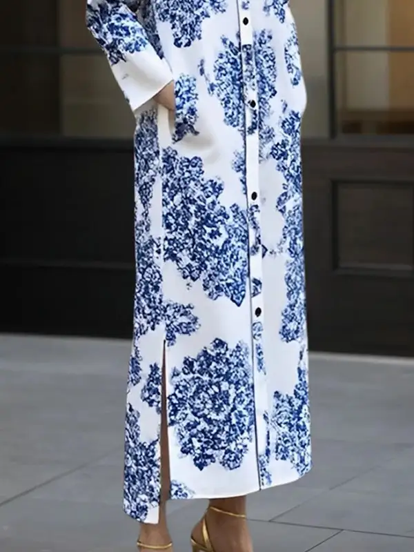 Split Printed Buttoned Long Shirt Maxi Dress
