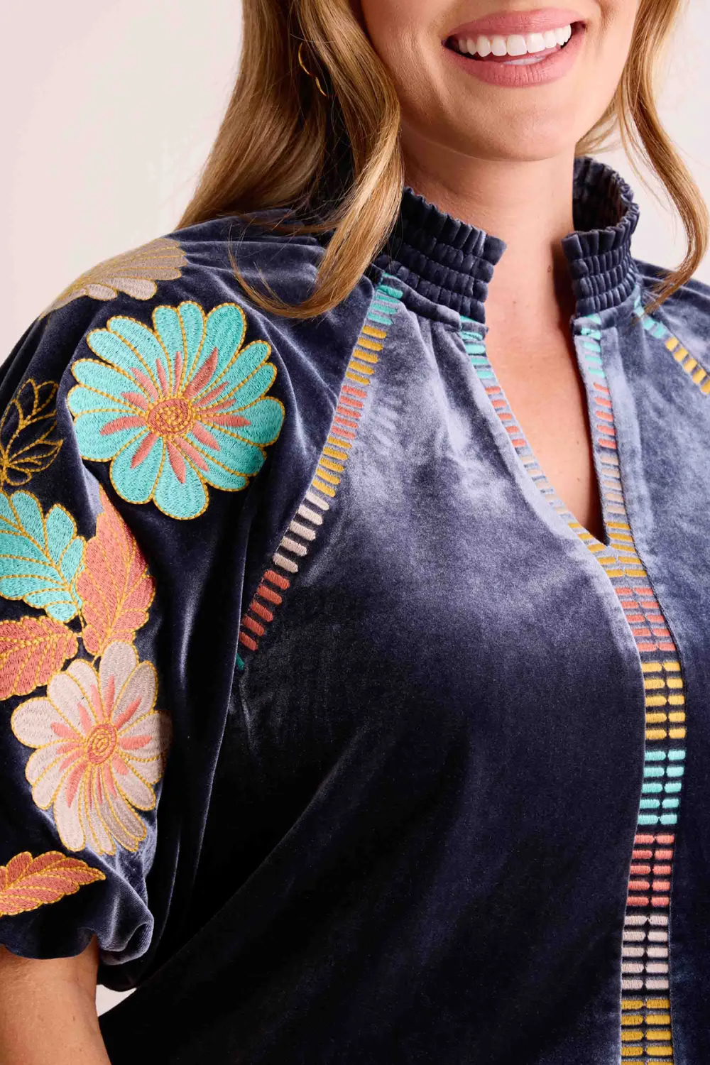 Floral Embroidered Velvet Puff Sleeve Top