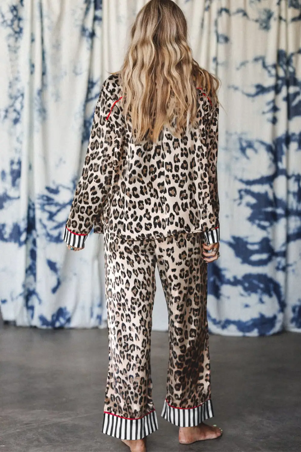 Leopard Print Striped Trim Long Pajama Set