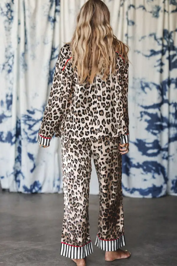 Leopard Print Striped Trim Long Pajama Set