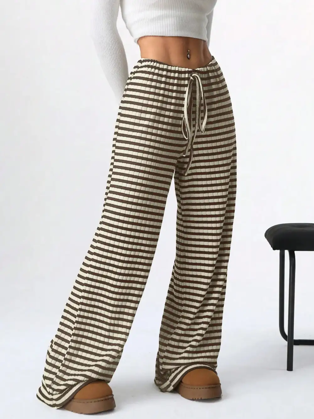Relaxed Striped Wide Leg Drawstring Pants
