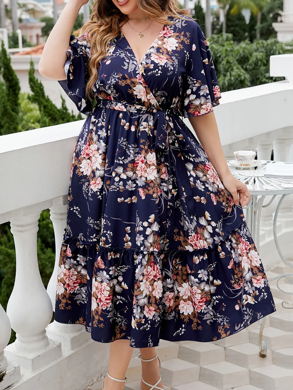 V Neck Navy Blue Printed Oversized Dress