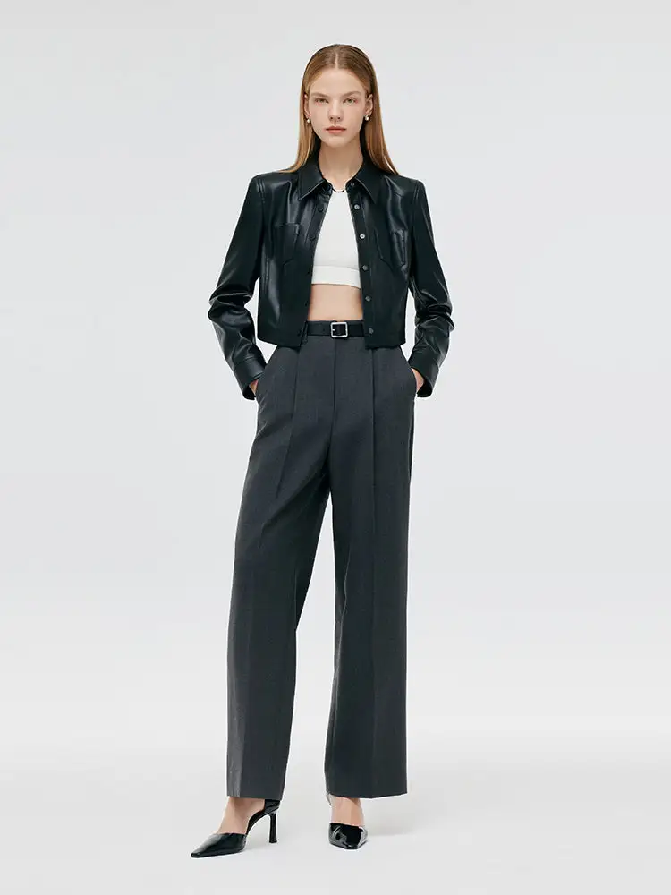 Worsted Wool Women Wide Leg Pants With Leather Belt