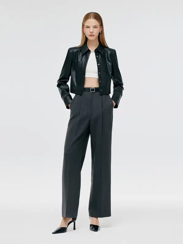 Worsted Wool Women Wide Leg Pants With Leather Belt