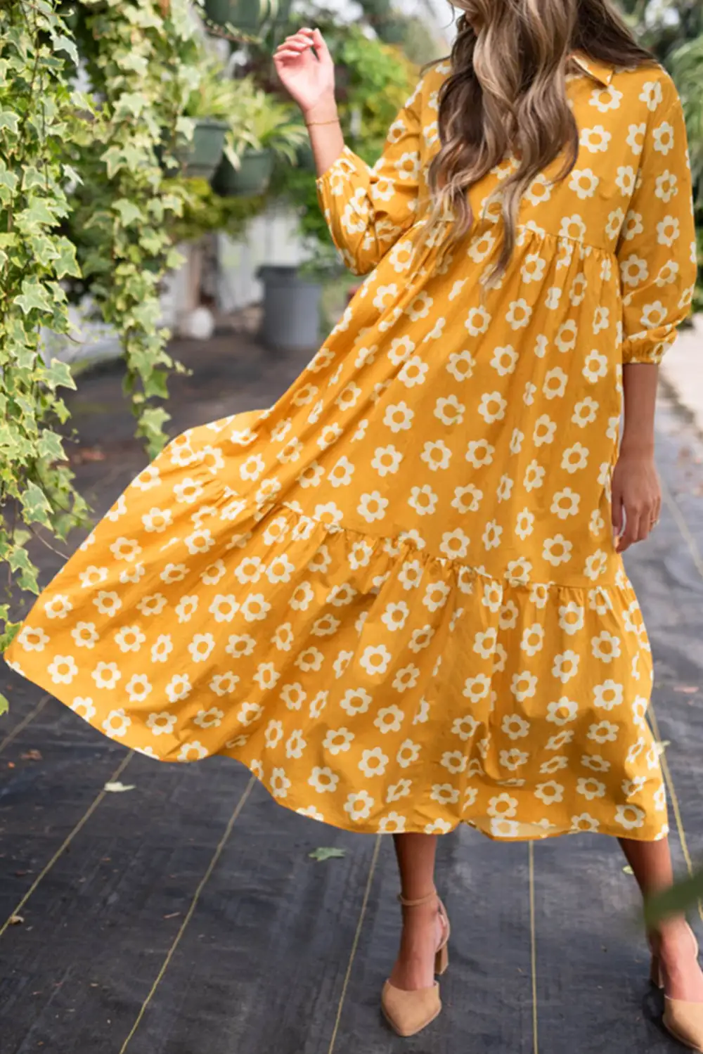Yellow Floral Print Puff Sleeve Button Neck Dress