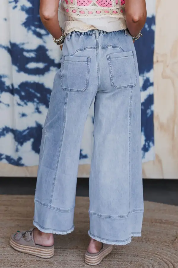 Laid Back Drawstring Seam Detail Raw Hem Wide Leg Denim Pants
