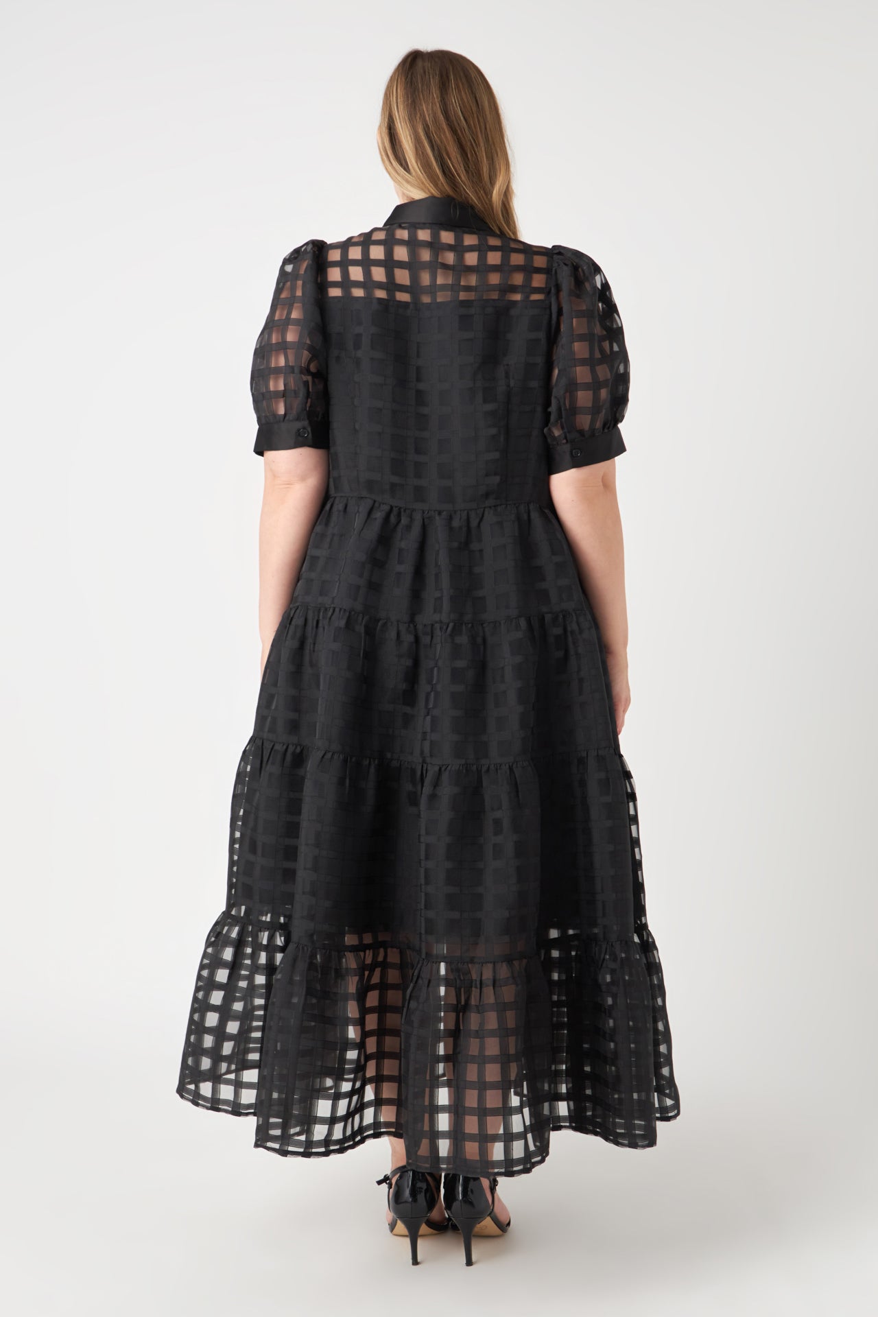 Gridded Organza Tiered Maxi Dress