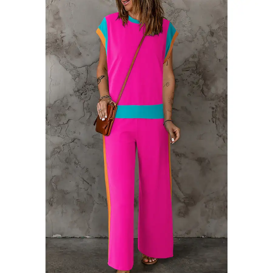 Contrast Round Neck Top and Pants Set