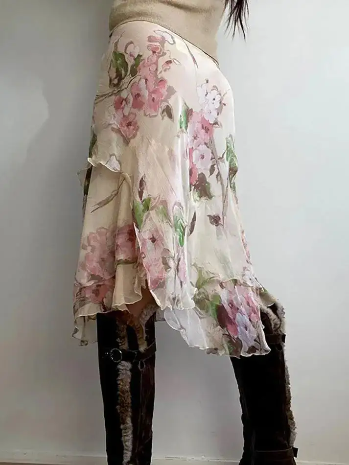 Floral Print Contrast Asymmetric Low-Waist Midi Skirt