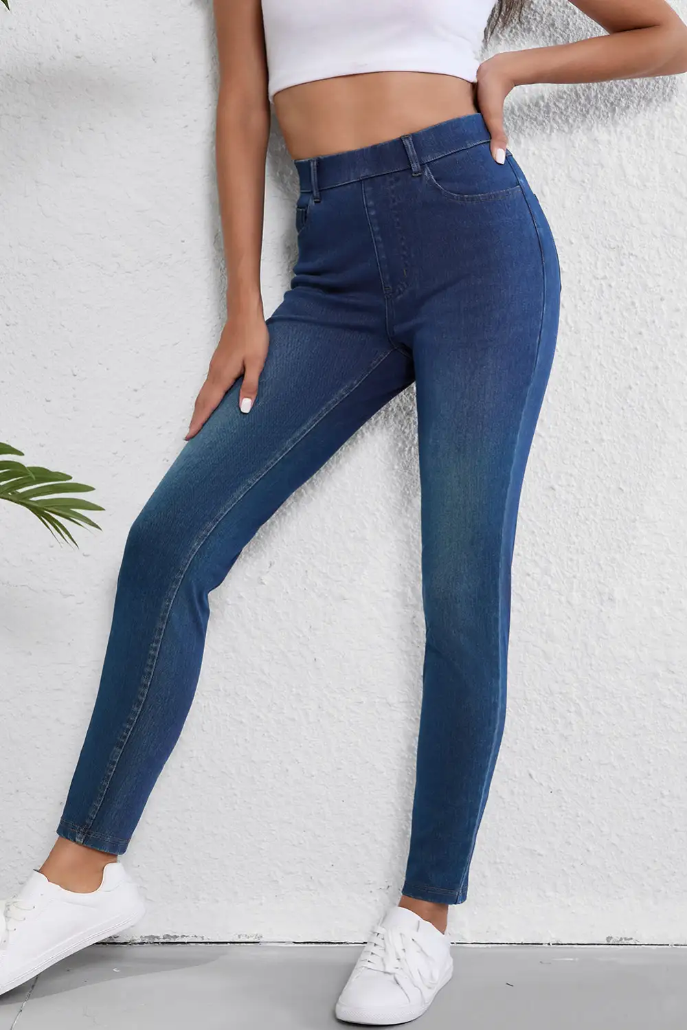 Blue Multiple Pockets Straight Leg Washed Stretchy Knit Casual Jeans