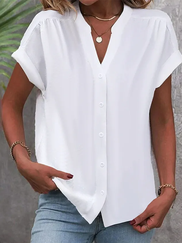 Stand Collar Short Sleeve Plain Regular Loose Blouse For Women