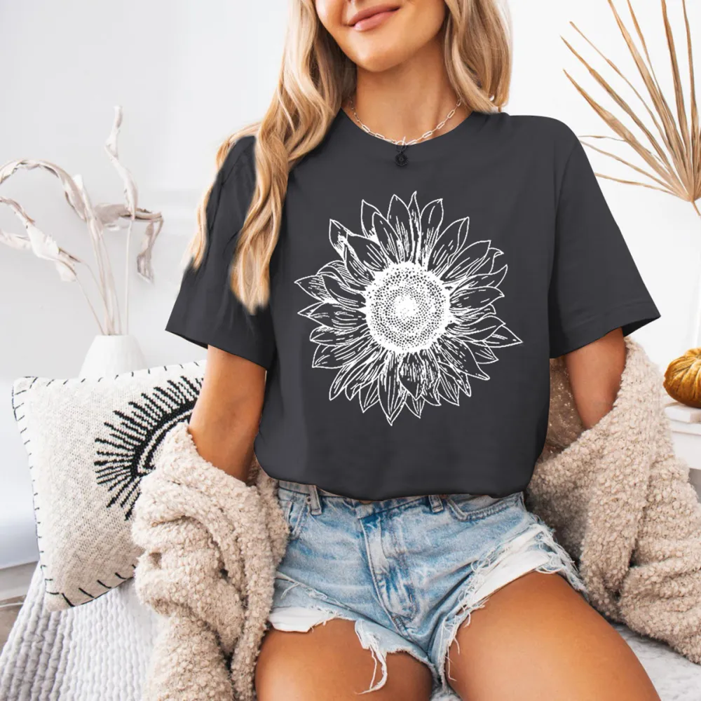 Sunflower Shirts, Floral Short Sleeve Sunflower Shirt, Flower Shirt, Womens Shirts, Trendy Sunflower fleece top for Women