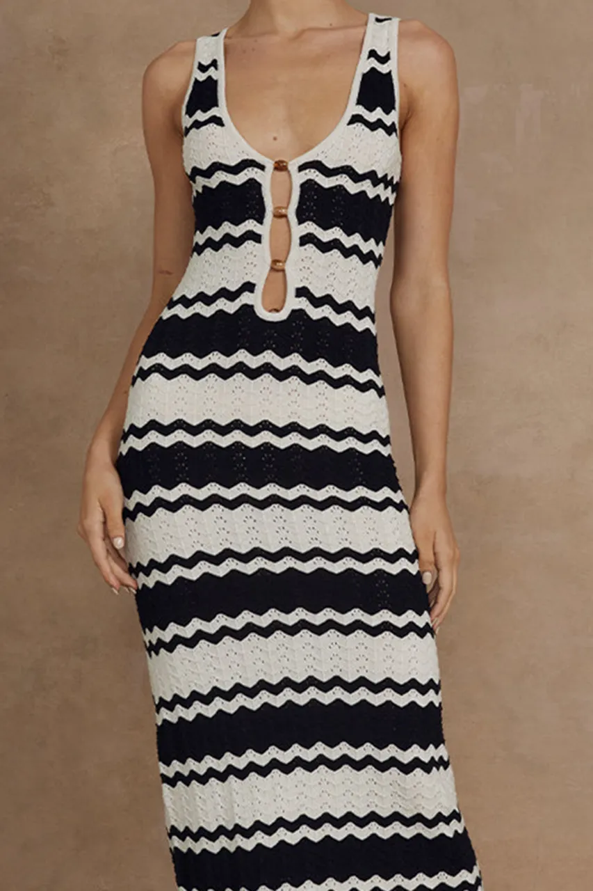 Black And White Striped Knitted Midi Dress