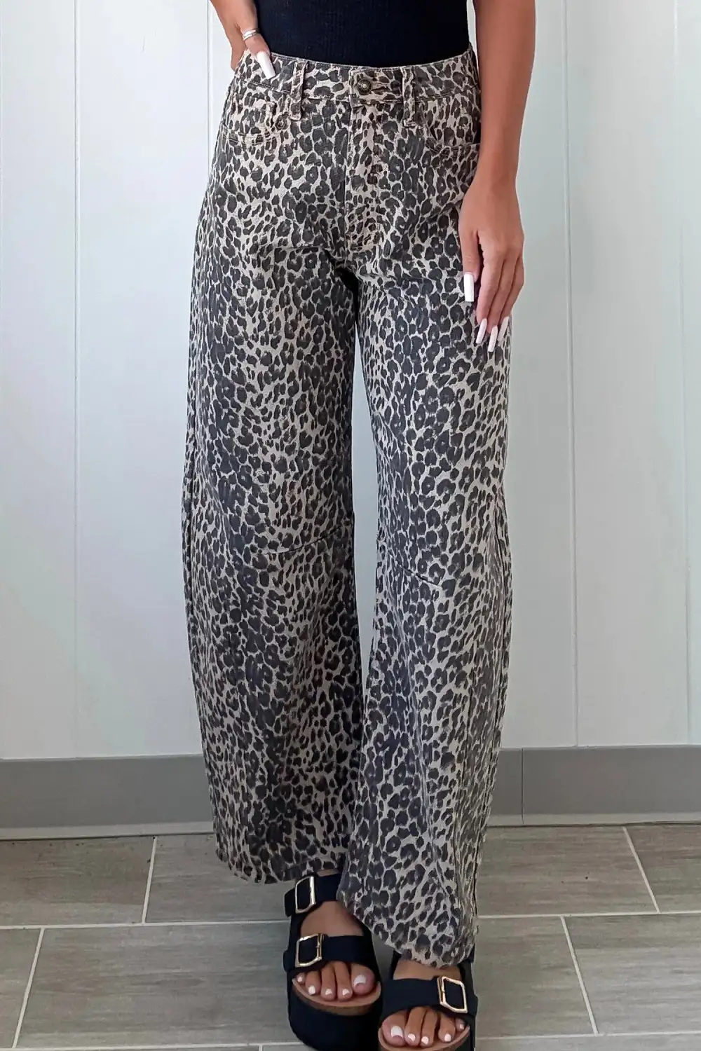 Leopard Print High Waist Barrel Jeans