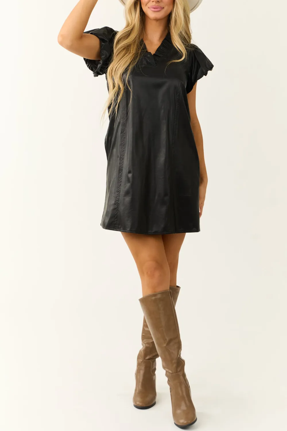 Black Faux Leather V Neck Short Dress