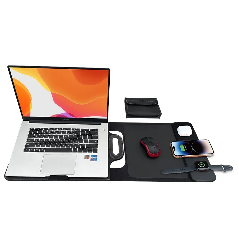 The All-In-One Mobile Workstation Sleeve | Built-In 15W Multi-Device Wireless Charger, Ergonomic Laptop Stand & Mousepad (Fits up to 16
