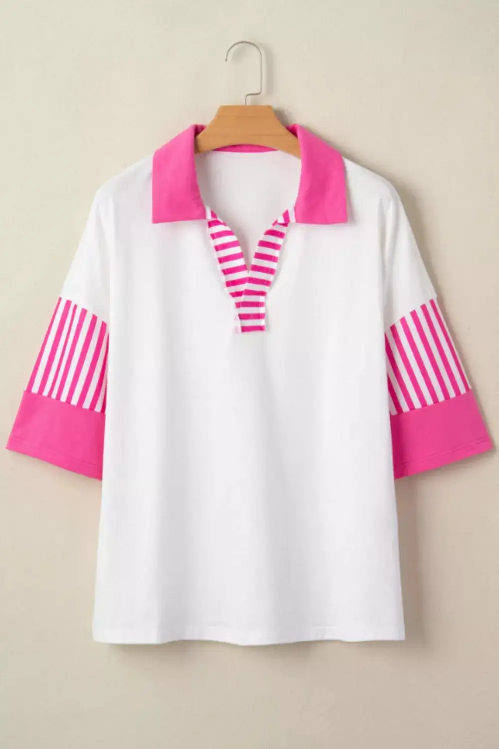 Striped Contrast Blocked Patchwork Polo Collar Half Sleeve T-Shirt