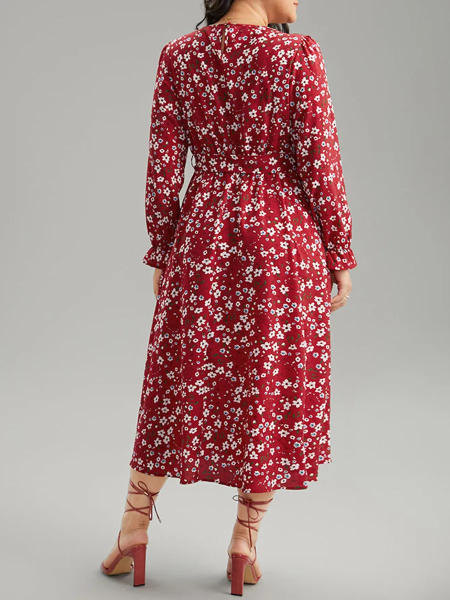 Red Elegant Advanced Floral Waist Midi Dress