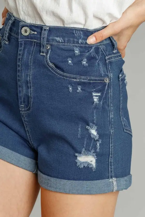 Umgee 5 Pockets Distressed Detail Stretch Denim Shorts with Folded Hem FINAL SALE