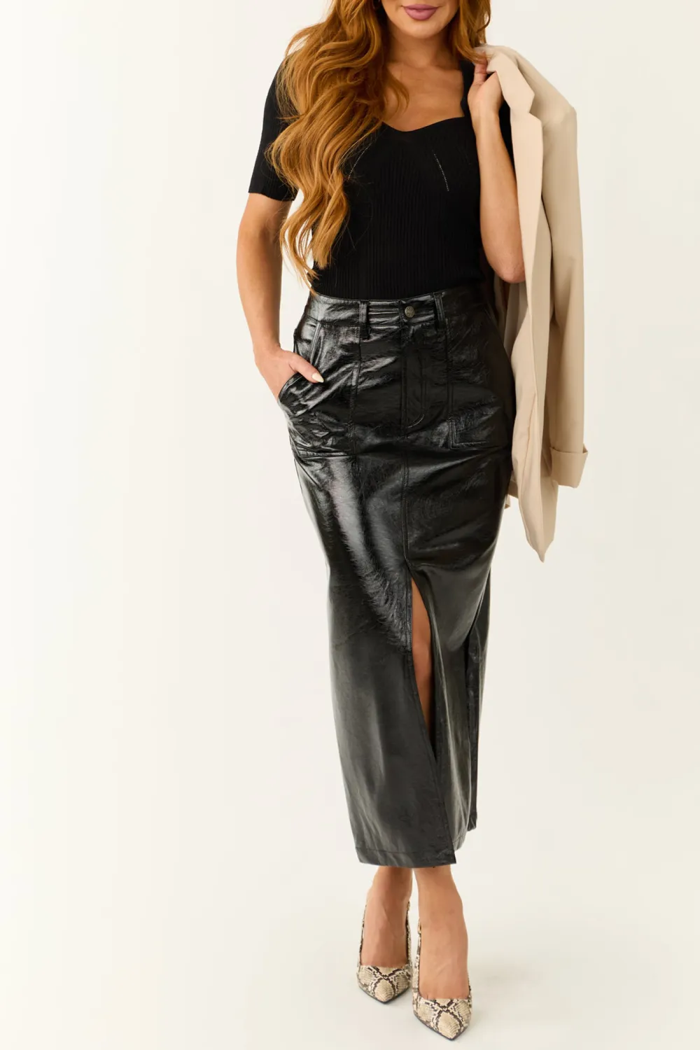 Black Shiny Faux Leather Front Slit Midi Skirt