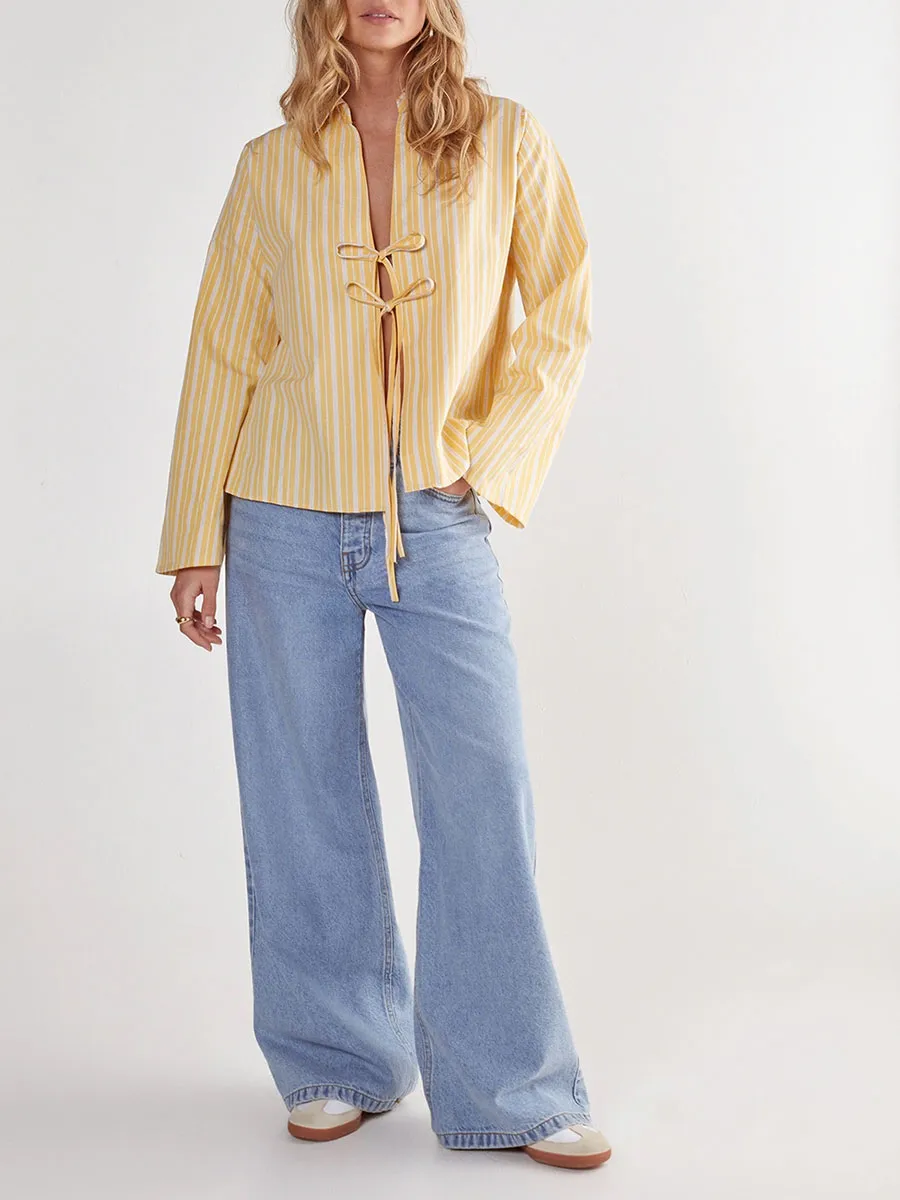 Women's Yellow-White Stripe Drawstring Cropped Shirt