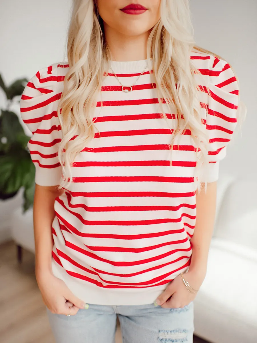 Red striped bubble sleeved sweater top