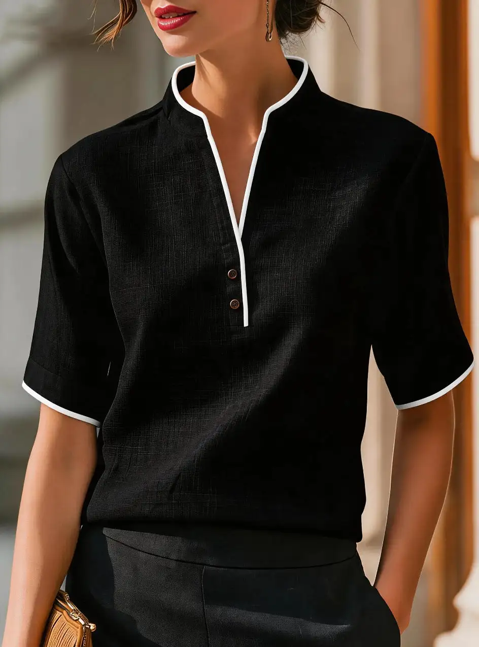Stand Collar V-Neck Blouse