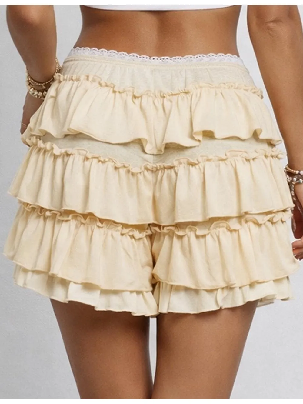 Bow Elastic Waist Lace Trim Tiered Ruffle Mini Shorts