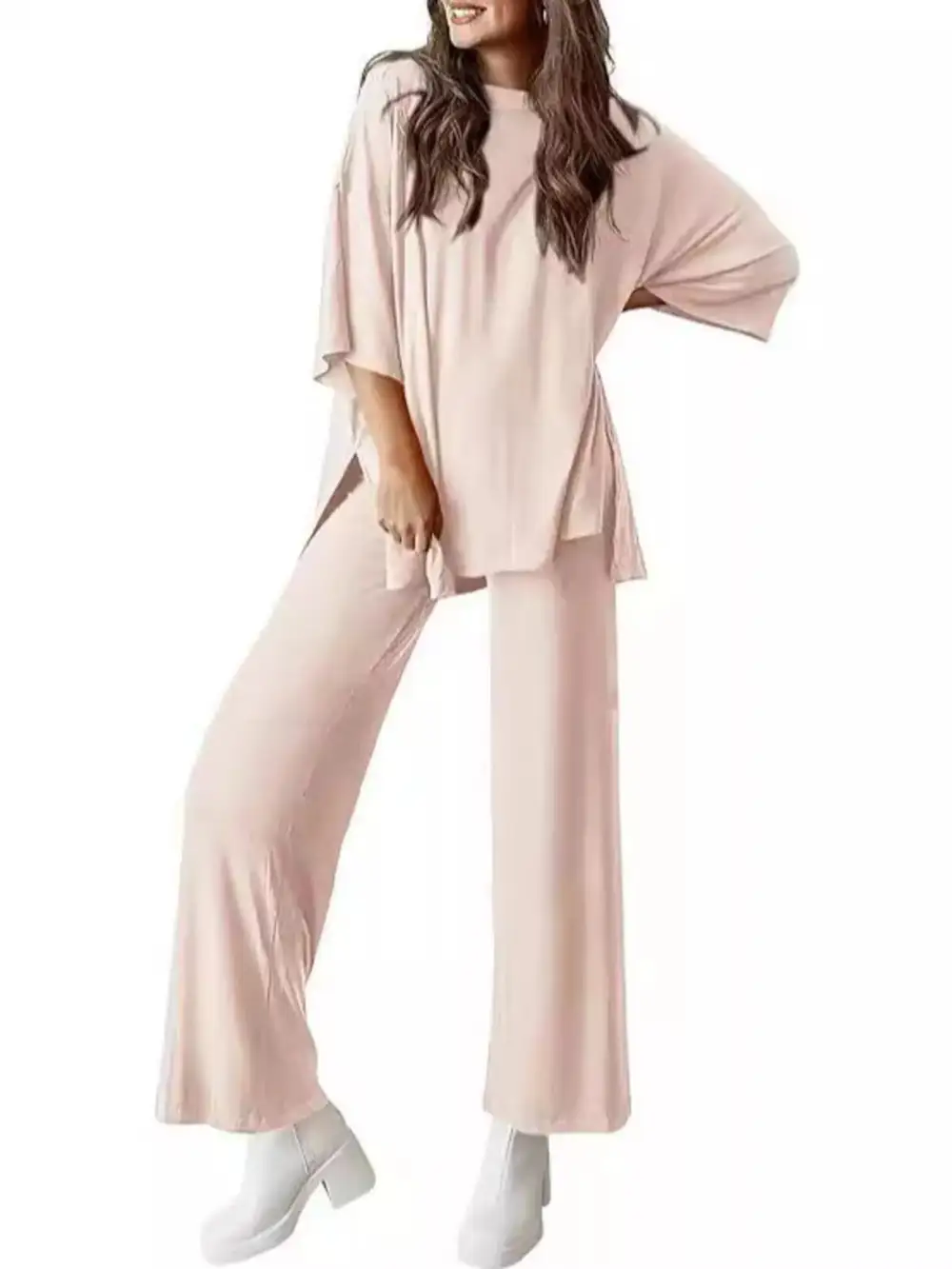 Relaxed Fit Round Neck Top and Pants Two Piece Set