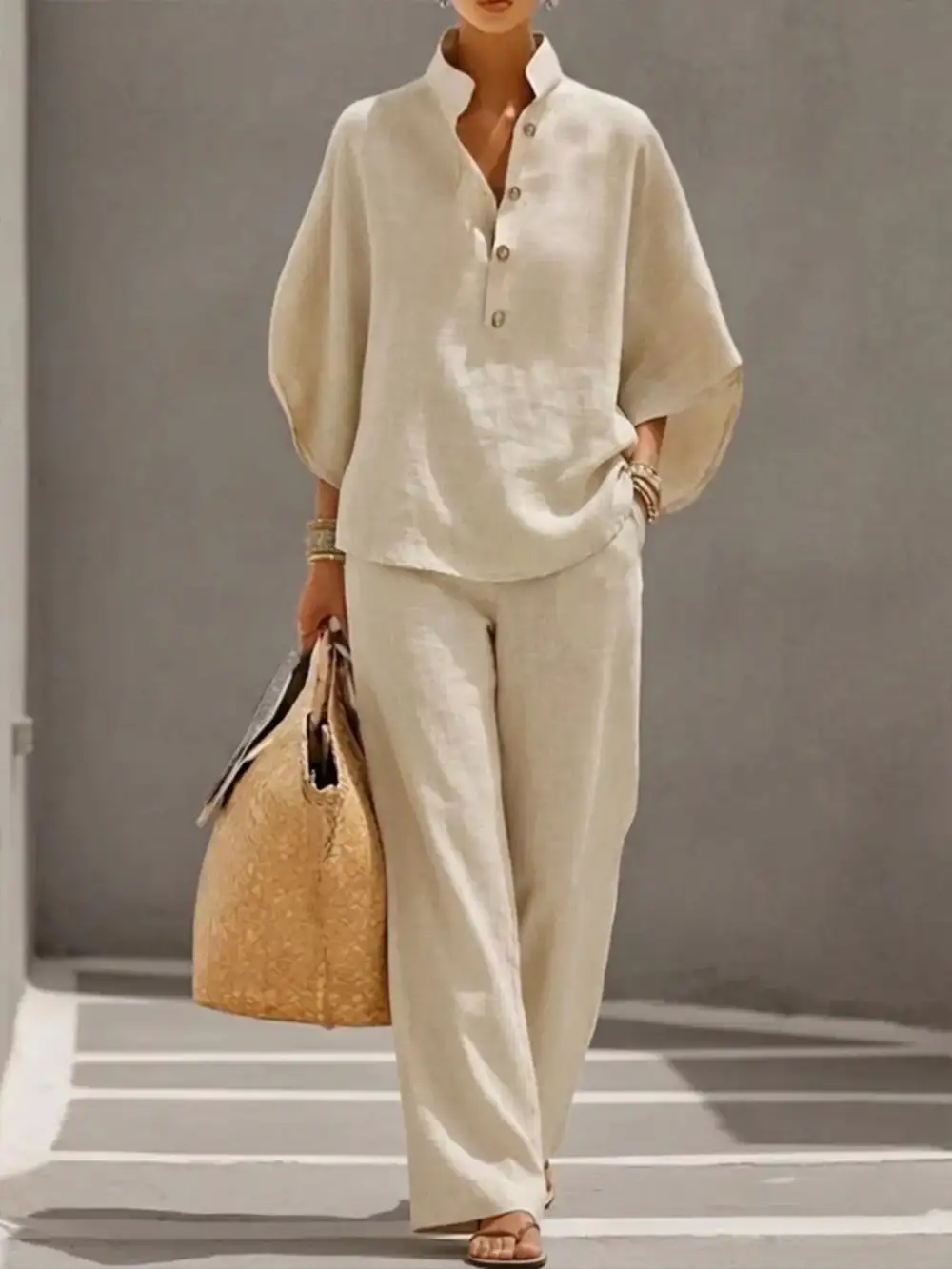 Button Detail Sleeve Top and Pants Set