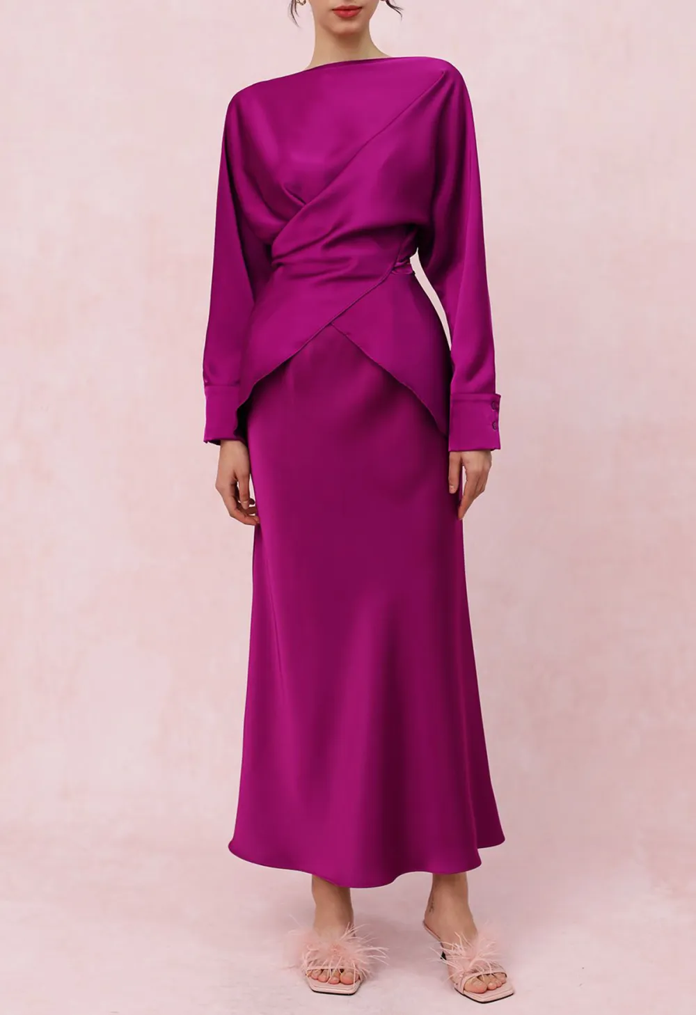 BOAT NECK CRISSCROSS WAIST SATIN TOP IN MAGENTA