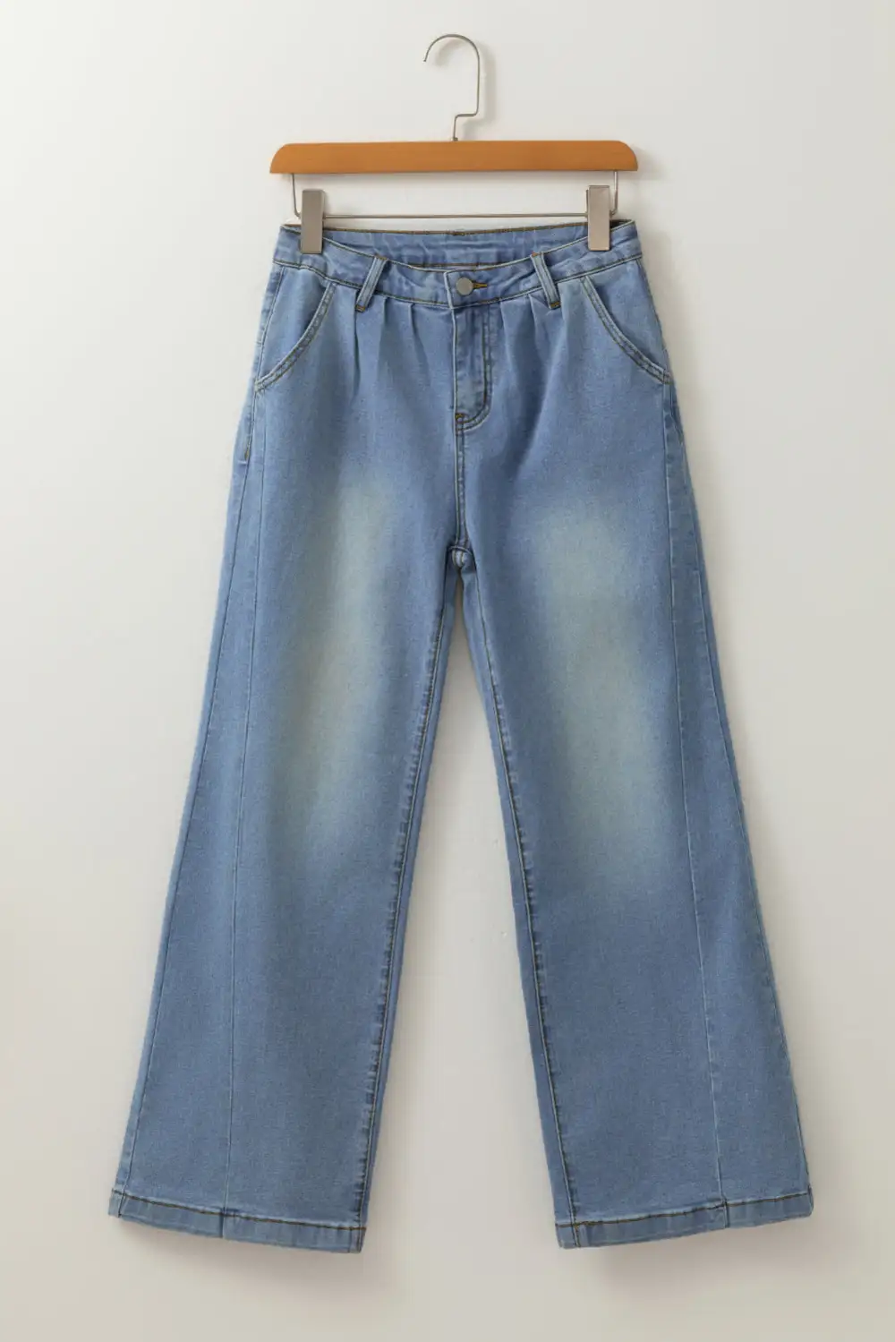 Washed Pleated Detail Wide Leg Jeans