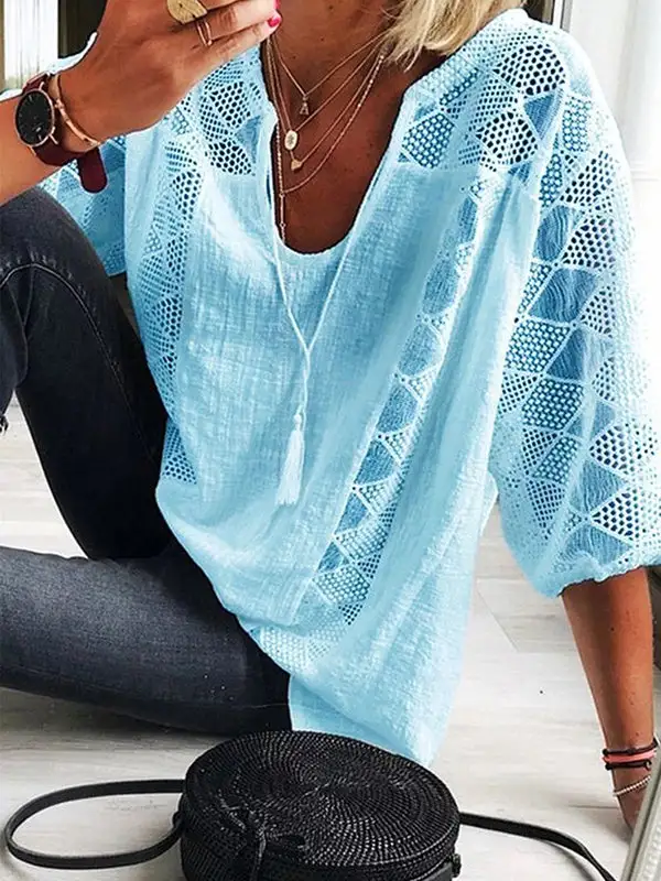 Minimal Casual Cutout Lace Detail Panel Detail U-Neck T-Shirt