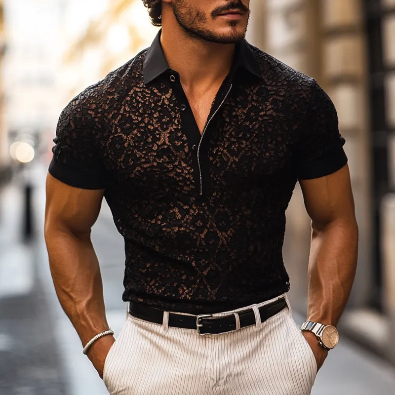 Sharp Casual Short Sleeve Collared Knit Mesh Detail Shirt