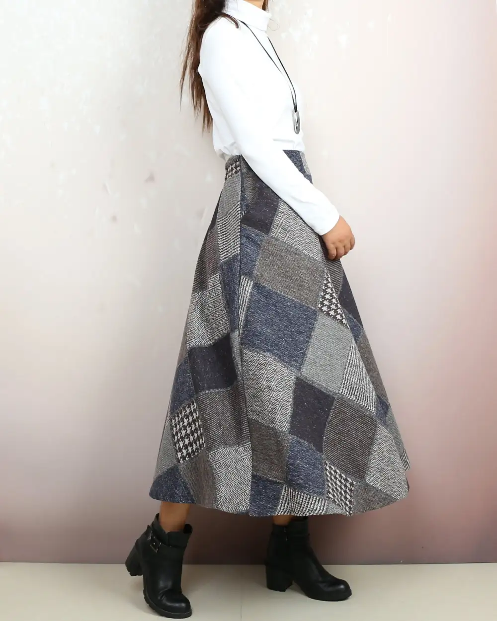 Plaid Wool Flared Maxi Skirt